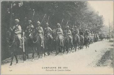 1 vue  - 196. Campagne de 1914 : patrouille de lanciers indous. - [Paris] : [Neurdein], marque ND, [entre 1914 et 1918]. - Carte postale (ouvre la visionneuse)