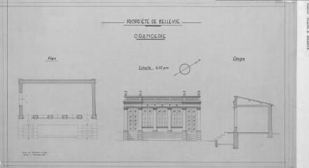 1 vue Orangerie du château de Bellevue, chemin de Pouvourville : façade, plan, coupe. - 1:50. - novembre 1945. - Reproduction numérique