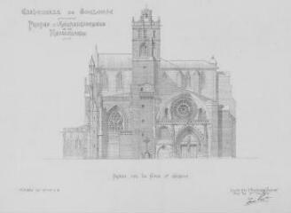 1 vue - Projet d\'agrandissement et de restauration, façade sur la place Saint-Etienne. - 1:200. - mai 1910. - Reproduction numérique (ouvre la visionneuse)