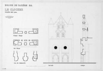 1 vue - Clocher : façade, coupe, plans / Brigitte Jager. - 1:100. - septembre 1992. - Reproduction numérique (ouvre la visionneuse)