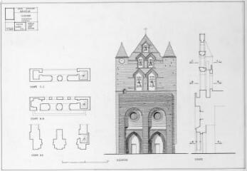 1 vue - Clocher : façade, coupe, plans / Bernard Calley. - 1:100. - novembre 1969. - Reproduction numérique (ouvre la visionneuse)