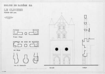 1 vue - Clocher : façade, coupe, plans / Brigitte Jager. - 1:100. - septembre 1992. - Reproduction numérique (identique à 6823 W 395) (ouvre la visionneuse)