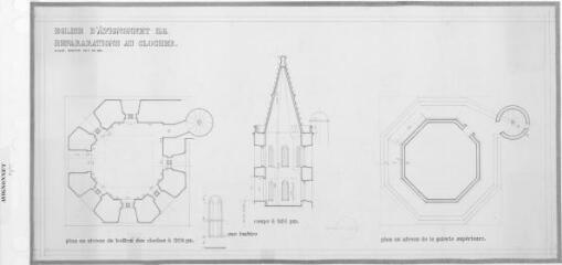 1 vue - Réparations du clocher : vues en plan, coupe / Bernard Calley. - 1:50 ; 1:100. - mai 1965. - Reproduction numérique (ouvre la visionneuse)