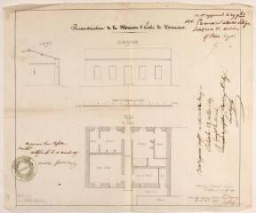 1 vue - Reconstruction de la maison d\'école de Maurens, coupe, élévation, plan. Fitte, architecte. 15 octobre 1847. Ech. 1/100. (ouvre la visionneuse)