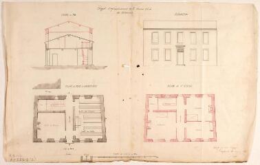 1 vue - Projet d\'agrandissement de la maison d\'école de Maurens, coupe, élévation, plans du rez-de-chaussée et du 1er étage. 20 juin 1854. Ech. 0,01 p.m. (ouvre la visionneuse)