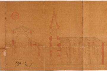 5 vues - Commune de Maureville, projet de reconstruction de l\'église, plan, élévation, coupes. Rolly, architecte. 23 juillet 1872. Ech. 1/100. (ouvre la visionneuse)