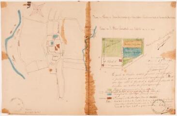 2 vues - Plan pour demande de concession au cimetière, plan du village de Montbernard et du cimetière. Jean Lafforgue. 1er novembre 1892. Ech. 1/2500 et [0,002 p.m.]. (ouvre la visionneuse)