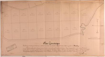2 vues - Plan géométrique du terrain à vendre par la commune de Montsaunès, situé dans le territoire de Figarol au quartier de Bernet. Martiry Dardignac, géomètre. 30 décembre 1853. Ech. 1/1000. (ouvre la visionneuse)