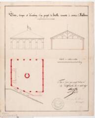 1 vue  - Plan, coupe et élévation d\'un projet de halle couverte à construire à Nailloux. Marseillan, agent voyer. 1er août 1845. Ech. 0,005 p.m. (ouvre la visionneuse)