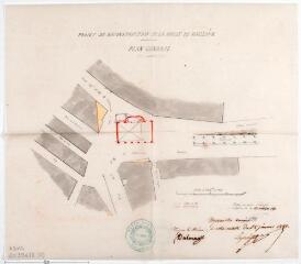 1 vue  - Projet de reconstruction de la halle de Nailloux, plan général. Piette, architecte. 1er octobre 1850. Ech. 0,002 p.m. (ouvre la visionneuse)