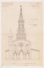 1 vue Projet de clocher pour l'église de Lavalette, élévation. Auguste Delort, architecte de Saint-Aubin et du département. 21 juillet 1874. Ech. 0,01 p.m.