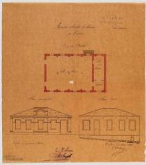1 vue Maison d'école et mairie de Lanta, plan du rez-de-chaussée, façade principale et face ouest. Joseph Galinier, architecte. 7 août 1881. Ech. 0,01 p.m.
