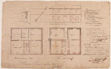1 vue Commune de Marignac-Lasclares, maison presbytérale, élévation, plans du rez-de-chaussée et du 1er étage. Delhom. 16 mai 1844. Ech. n.d.