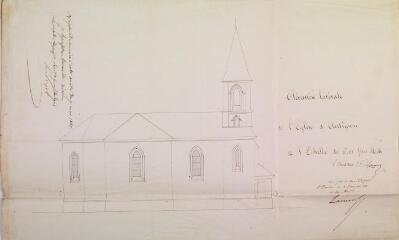 1 vue - Élévation latérale de l\'église d\'Antignac. Loupot, architecte. [1850]. Ech. 0,01 p.m. (ouvre la visionneuse)