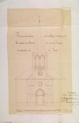 1 vue - Reconstruction de l\'église d\'Antignac, élévation du clocher et de la façade, modification du premier projet. Loupot, architecture. [1854]. Ech. 1cm = 1m. (ouvre la visionneuse)