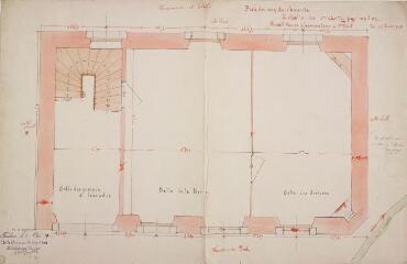 1 vue Commune d'Arlos, [mairie], plan du rez-de-chaussée. Henri Ousset, charpentier. 25 février 1911. Ech. 0,04 p.m.