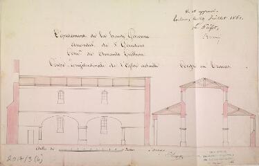 1 vue Commune d'Arnaud-Guilhem, coupe longitudinale de l'église actuelle, coupe en travers. Loupot, architecte. 1861. Ech. 0,01 p.m.