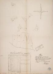 1 vue Plan géométrique de diverses parcelles des terrains communaux appartenant à la commune d'Arnaud-Guilhem. Bordage, géomètre. 1854. Ech. n.d.