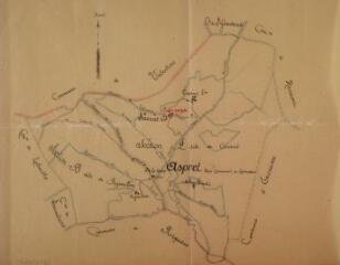 1 vue Commune d'Aspret, établissement d'un puits au hameau de Sarrat, plan de la commune. Tapie, maire. 26 décembre 1906. Ech. n.d.