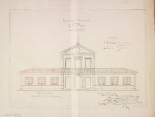 1 vue Commune d'Aucamville, école et mairie, façade principale, [état des travaux]. Esquié, architecte. 1er juillet 1876. Ech. 0,01 p.m.