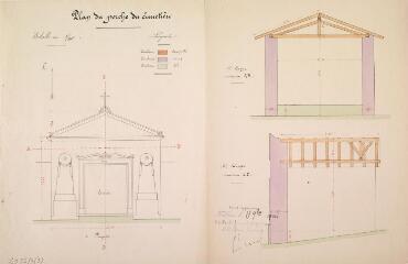 1 vue Commune d'Aulon, réparation au porche du cimetière, plan du porche, façade, coupes. 1904. Ech. 1/40.