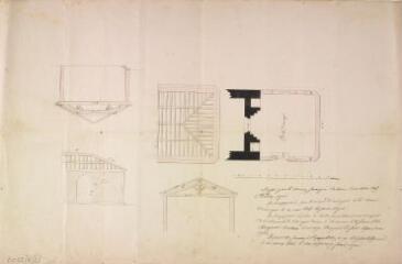 1 vue [Projet de reconstruction du porche de l'église d'Auragne, plan au sol, élévation, profils]. Bordes, maçon. 10 août 1845. Ech. 1 cm pour 1 m.
