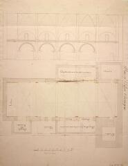 1 vue Commune d'Aurignac, projet des réparations urgentes à effectuer à l'église, plan et profils. [1852]. Ech. 12,5 cm pour 10 m.
