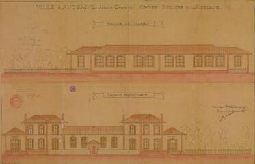1 vue Ville d'Auterive, groupe scolaire de La Madeleine, façade des classes, façade principale. Joseph Galinier, architecte. 21 septembre 1887. Ech. n.d.