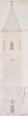 1 vue [Commune d'Auzas], élévation de face du clocher. Degé, maître-maçon. 10 juin 1836. Ech. 3 cm par m.