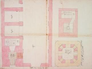 1 vue [Commune d'Auzas, plan de l'église], plan terrié du clocher, plan terrié du clocher au niveau de la galerie. 10 juin 1836. Ech. 3 cm par m.
