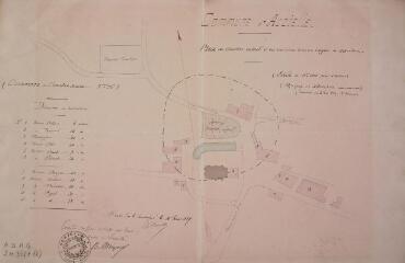 1 vue Commune d'Auzielle, plan du cimetière actuel et des environs dans un rayon de 40 m. [Blanc]. 10 juin 1879. Ech. 0,001 pour 1 m.
