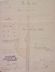 1 vue [Commune d'Avignonet, localisation du terrain à aliéner place du Ravelin], plan baron Desazars. Auguste Mazières, géomètre. 18 février 1892. Ech. 0,005 p.m.