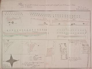 1 vue Plan des parcelles de terrains communaux dont la vente est projetée par la commune d'Azas. Rival, agent voyer cantonal. 10 avril 1855. Ech. 1/1000.