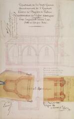 1 vue - Reconstruction de l\'église d\'Antignac, coupe longitudinale, plan général de l\'église. Loupot, architecte. 5 février 1850. Ech. 0,01 p.m. (ouvre la visionneuse)