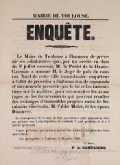 1 vue Mairie de Toulouse. Enquête [de commodo et incommodo]. 26 juillet 1863.  Toulouse : impr. Viguier.