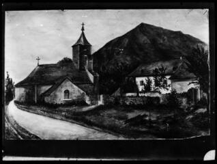 1 vue - Peinture de paysage : église et maison dans un paysage de montagne. - [entre 1900 et 1930]. - Photographie (ouvre la visionneuse)