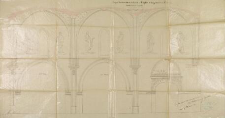 1 vue Projet de décoration de la nef de l'église d'Aiguesvives, coupe longitudinale. Béringuier, peintre. 28 août 1896.  Ech. 0,05 p.m.