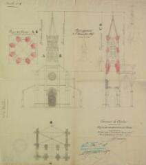 1 vue - Commune de Charlas, projet de construction du clocher, élévation principale, coupe. Terrade, architecte. 1er mai 1895. Ech. 0,02 p.m. (ouvre la visionneuse)