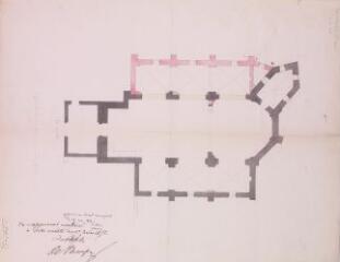1 vue - Eglise d\'Escalquens, plan géométral. Delort A. oncle, architecte. 10 mai 1850. Ech. 1 cm pour 1 m. (ouvre la visionneuse)