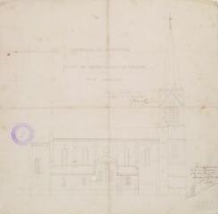 1 vue - Commune de Labruyère, projet de reconstruction de l\'église, face latérale. Raynaud, architecte. 12 février 1875. Ech. 0,01 p.m. (ouvre la visionneuse)