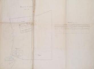 1 vue [Commune du Lherm, presbytère], plan au niveau des fondations, élévation. 3 mai 1895.  Ech. 1/300e et 1/100e.