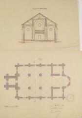 1 vue [Eglise de Marignac], réparations, plan et coupe transversale. Clochard, architecte. [25 avril 1892].  Ech. 0,01 p.m.