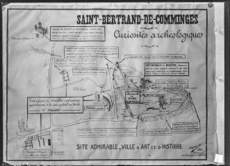 2 vues Plan réclame de Saint-Bertrand-de-Comminges, site admirable, ville d'art et d'histoire : curiosités archéologiques / par Bertrand Sapène, Directeur des travaux des fouilles.