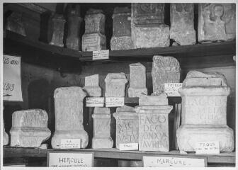 2 vues Film 7, cliché 34. Autels votifs. En haut, autels ornés d'un arbre dédiés probablement à Fagus, dieu du hêtre. Niveau intermédiaire : autels dédiés à Jupiter, Erda (dieu protecteur du village de Créchets), Tutela (divinité protectrice des sources). En bas : autels dédiés à Ele (dieu protecteur du village de Eup) et Fagus.