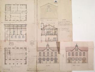 1 vue Projet pour la construction de l'hôtel de mairie et maison d'école de la commune d'Arbas, plan du rez-de-chaussée et du 1er étage, coupes sur la longueur et la largeur, face latérale, façade et façade modifiée, modifié sur l'avis du conseil des bâtiments civils à Saint-Gaudens le 20 janvier 1880. Castex, architecte. 14 juin 1878. Ech. 0,01 p.m.