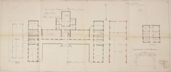 1 vue Maison de convalescence pour les pupilles de la nation à Aspet, plan du rez-de-chaussée et coupe de la salle de gymnastique. Longuefosse, architecte. 11 octobre 1926. Ech. 0,01 p.m.