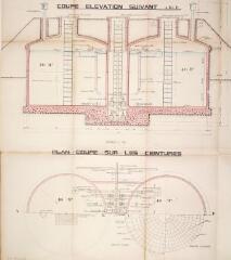 1 vue Ville d'Aspet, projet d'extension du réseau d'alimentation d'eau potable, réservoir d'équilibre, coupe-élévation, plan-coupe sur les ceintures. 1926. Ech. 1/25.