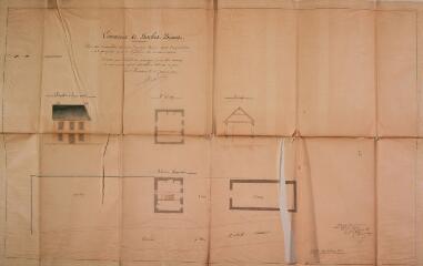 1 vue Commune de Bachos-Binos, plan des immeubles du sieur Puysségur Marie dont l'acquisition est projetée pour l'installation du service scolaire. Terrade, architecte. 28 janvier 1886. Ech. 0,01 p.m.