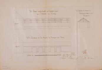 1 vue Coupe longitudinale du hangar projeté pour l'abattoir de Luchon, élévation de la façade du hangar au midi, coupe en travers. E. Loupot, architecte. 10 mai 1855. Ech. 0,01 p.m.
