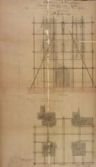 1 vue Commune de Boulogne-sur-Gesse, projet de démolition et de reconstruction de la flèche de l'église, première partie : démolition, échafaudage, élévation et plan. Thillet, architecte. 9 novembre 1887. Ech. 0,02 p.m. et 0,01 p.m.
